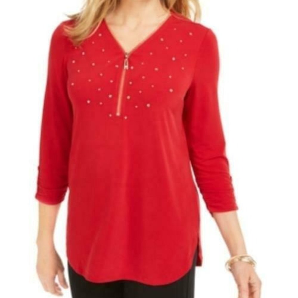 NWT JM Collection Embellished ZIPPER Trim Top